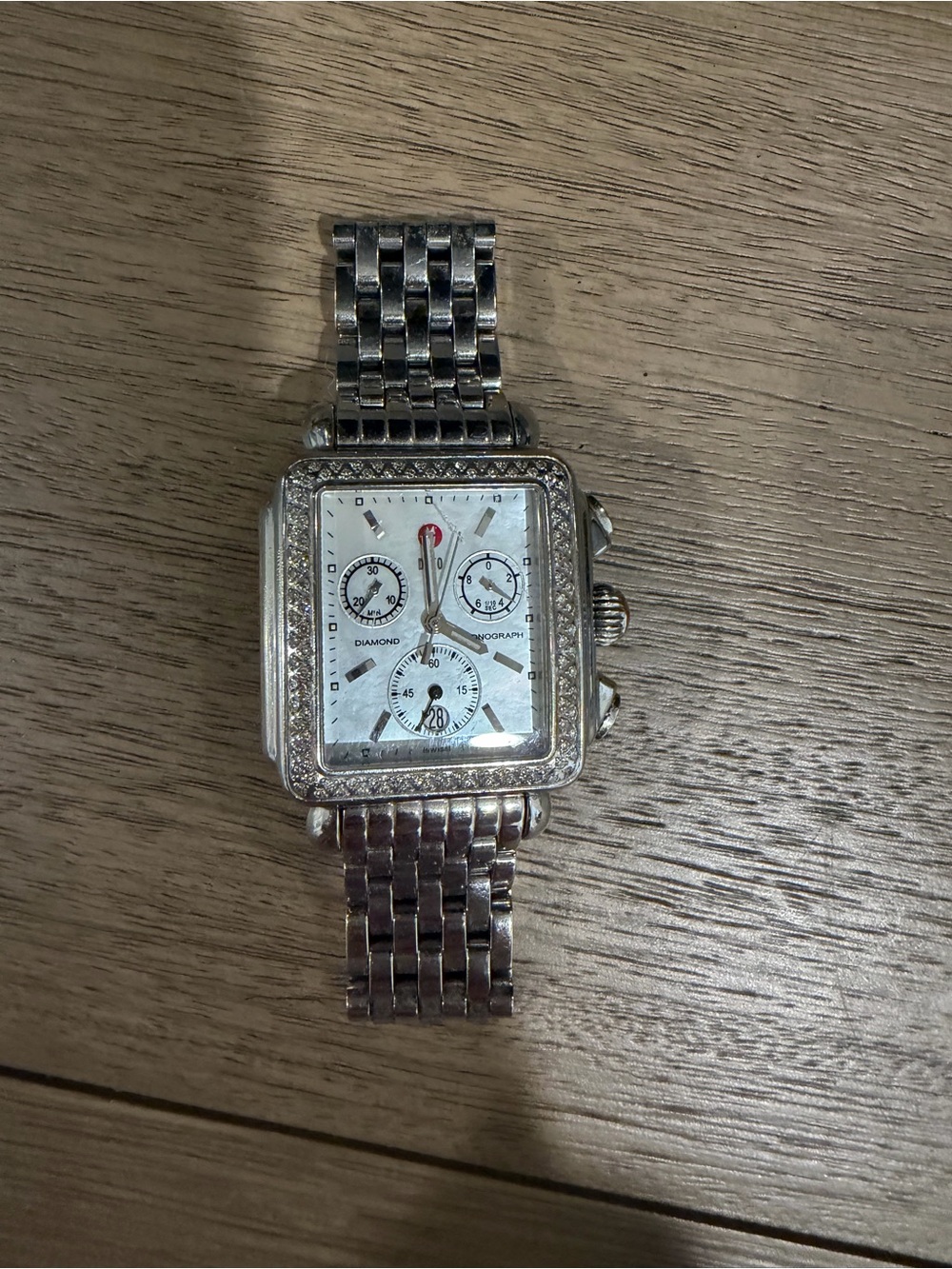 Michele Silver-Tone Square Diamond Bezel Chronograph Watch